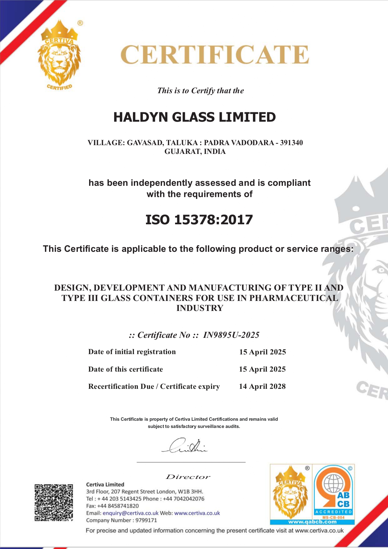 ISO 15378 Certificate
